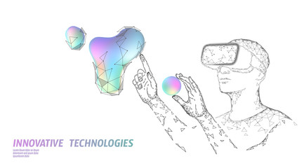 Virtual augmented reality helmet low poly. Innovation media entertainment polygonal concept. Neon liquid gradient digital control science panel. Man work computer data analysis vector illustration