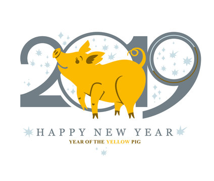 Simple card with a Yellow Pig in 2019. New Year's design. Vector pattern.