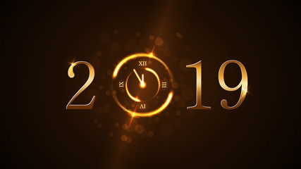 Happy New Year background. Magic gold clock countdown five minute. Golden numbers 2019. Christmas night design light, glitter. Symbol of wish, celebration. Luxury decoration. Vector illustration
