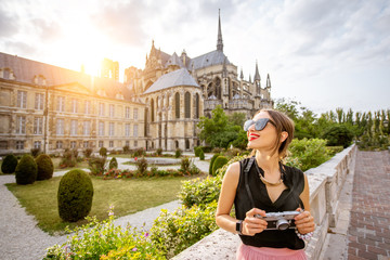 Woman traveling in Reims city, France