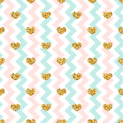 Gold heart seamless pattern. Pink-blue-white geometric zig zag, golden confetti-hearts. Symbol of love, Valentine day holiday. Design wallpaper, background, fabric texture. Vector illustration