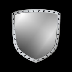 Silver shield shape icon. 3D gray emblem sign isolated on black background. Symbol of security, power, protection. Badge shape shield graphic design. Vector illustration