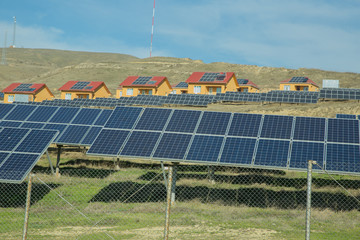 Obraz premium Solar-powered electricity system Home. Solar panel, photovoltaic, alternative electricity source - concept of sustainable resources