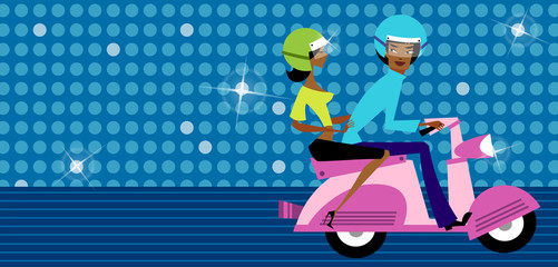 Side profile of a couple riding a motor scooter