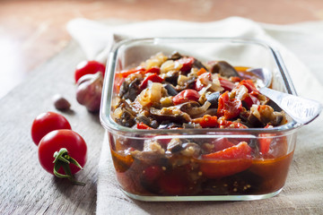 Vegetable sauté with eggplant, red pepper and tomatoes