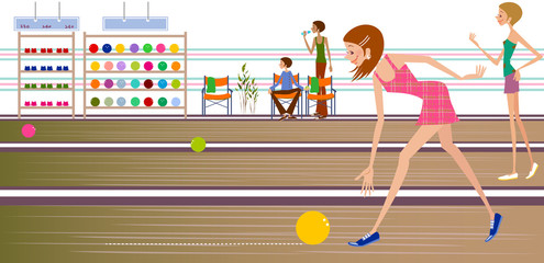 Side profile of a woman bowling in a bowling alley