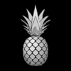 Pineapple grunge with leaf. Tropical exotic fruit isolated black background. Symbol of organic food, summer, vitamin, healthy. Nature logo. Design element silhouette icon. Vector illustration