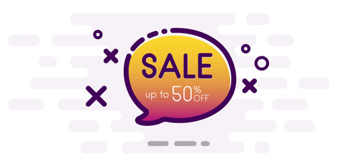 Sale up to 50 percent off. Promotion poster with orange speech bubble.