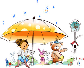 Woman with a rabbit and a bear under an umbrella in rain