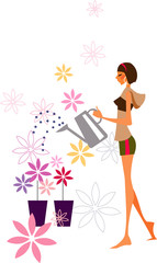 Side profile of a woman watering flowers with a watering can