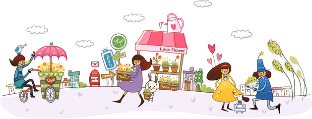 Woman walking towards a flower vendor with a couple beside her