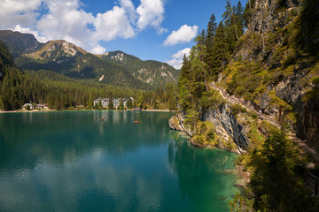 Braies lake (Lago di Braies), Dolomites, South Tyrol, Alto Adige, Bolzano, Italy