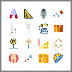 16 line icon. Vector illustration line set. measuring and usb cable icons for line works