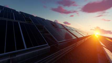 Solar Panel Farm under Dramatic Sky 3d rendering