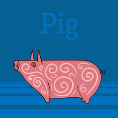 Abstract, pink pig on a blue background. Vector illustration