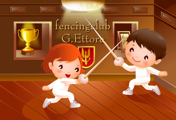 Boy and a girl fighting with swords