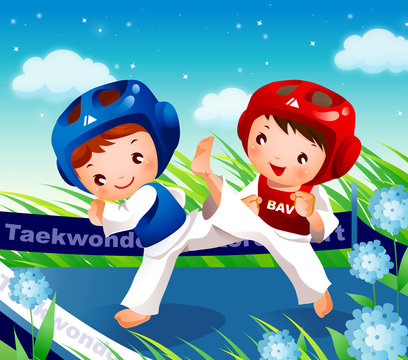 Two boys practicing Tae kwon do