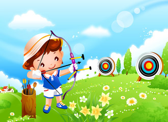 Obraz premium Boy aiming an arrow at a target