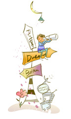 Man sitting on a directional sign and looking through a hand-held telescope