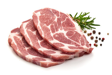 Meat, pork, slices pork loin with peppercorns, isolated on a white background.