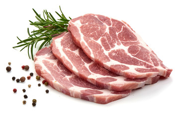 Meat, pork, slices pork loin with herbs and peppercorns, isolated on a white background.