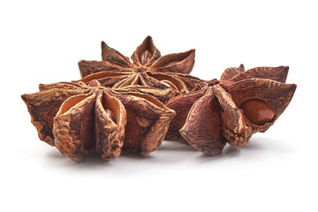 Anise star, badian spice, close-up, isolated on a white background.