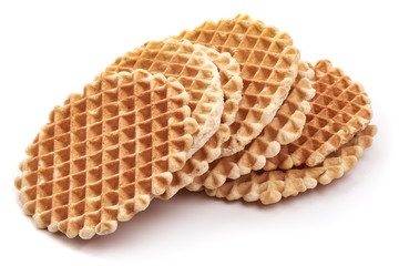 Round Belgium Waffles, close-up, isolated on white background.