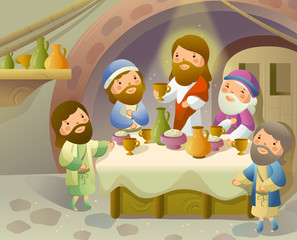 Jesus Christ with four men having food - 226093214