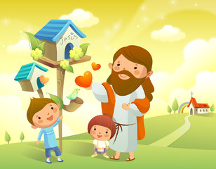 Fototapeta na wymiar Jesus Christ and two children standing near a birdhouse