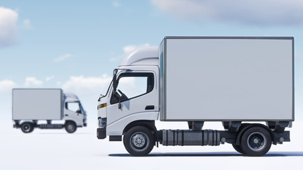 Fototapeta na wymiar Box Trucks on a White Ground under Cloudy Sky 3d rendering