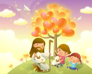 Obraz na płótnie Canvas Jesus Christ sitting with two children
