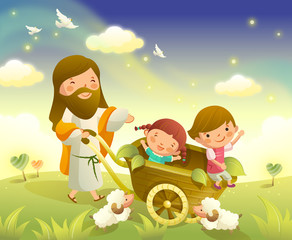 Jesus Christ carrying two children in a wheelbarrow
