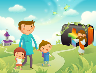 Father walking with his children and Jesus Christ gesturing towards them