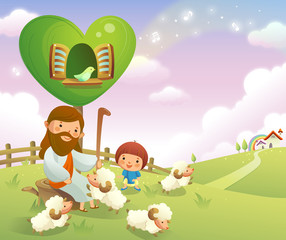Jesus Christ sitting with sheep and a boy