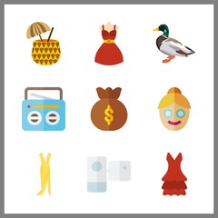 9 studio icon. Vector illustration studio set. dress and pineapple coctail icons for studio works