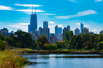 Fototapeta na wymiar Chicago Skyline viewed from South Pond in Lincoln Park