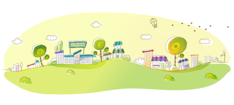 Buildings on a rolling landscape
