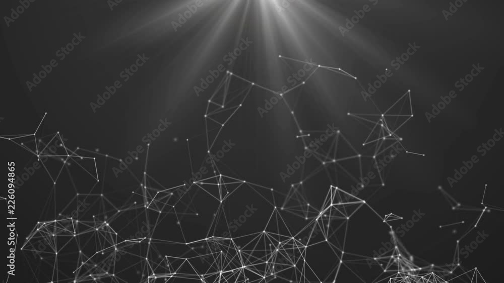 Poster blue digital data and network connection triangle lines with light flare for technology concept on b