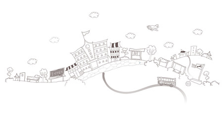 Bus moving in front of buildings