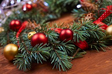 christmas wreath with red and golden balls