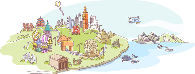 Naklejka premium High angle view of famous places and monuments of the world