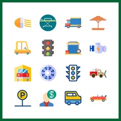 16 car icon. Vector illustration car set. traffic light and truck icons for car works