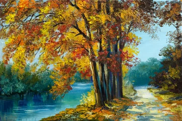 Ölgemäldelandschaft - Herbstwald in der Nähe des Flusses, Orangenblätter, Kunstwerk © Fresh Stock