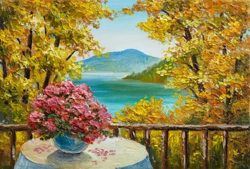 Foto op Plexiglas Landschap met olieverfschilderij - kleurrijk herfstbos, bergmeer, bloemen © Fresh Stock