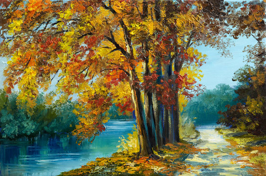 Oil painting landscape - autumn forest near the river, orange leaves, art work