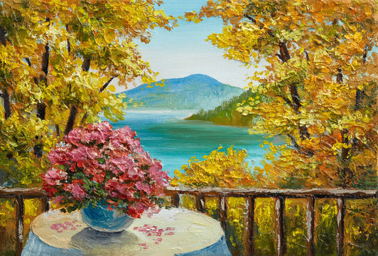 Oil painting landscape - colorful autumn forest, mountain lake, flowers