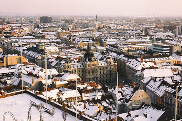 Obraz premium Aerial view of Graz during sunset in winter