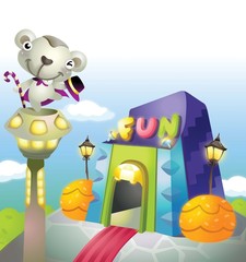 Statue of a rat in front of a building