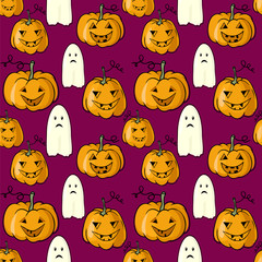 Seamless vector pattern made of Jack O' Lanterns and ghosts on the dark background.