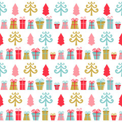 Seamless vector pattern with gifts and trees on the white background. Great for wrapping paper, scrapbook, wallpaper, web page, fabric.